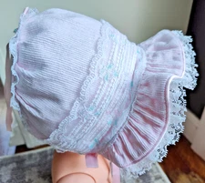 Vtg Newborn Mothercare Baby Sun Bonnet Double Lace Lined Pink Corduroy Satin Tie