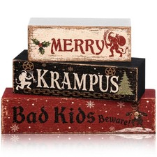Marsui 3 Pcs Wooden Christmas Decor Merry Krampus Xmas Red, Green, White