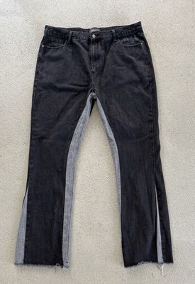 HESNTLS Herren Jeans Schwarz Grau Gerades Bein Fransen Kontraststreifen W40 L84