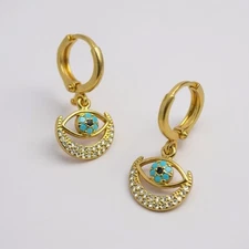 Baublebar Evil Eye Turquoise Earrings Gold Hoop Huggie Crescent Moon Boho CZ VTG