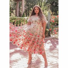 Jessakae Rose Midi Dress Cream Embroidered Pink Floral NWT 2XL Cottagecore