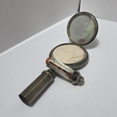 Antique Late 1800s .835 German Silver Hand Mirror/Compact/lipstick holder combo