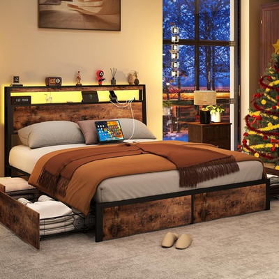 #ad King Queen Full 4 Drawers Platform Bed Frame with LED Light Charging Station $221.79
