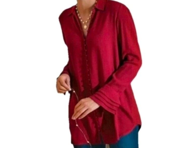 Soft Surroundings Sonnet Poet L Blouse Burgundy Button Front Pleated Cuff View 2