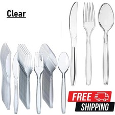 Heavy Duty Clear Disposable Plastic Cutlery Spoons Forks Knives Reusable