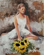 YARY DLUHOS Woman Girl Sunflowers Female Seated Figure Original Art Oil Painting