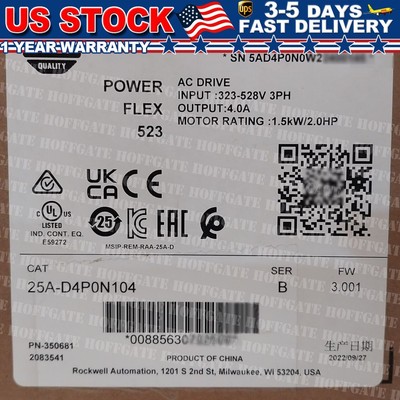 New Sealed Allen-Bradley 25A-D4P0N104 Ser B PowerFlex 523 AC Drive 1.5kW 2.0HP