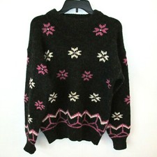 The Woolrich Woman Sweater Wool Black Pink Floral Nordic Size Medium Vintage