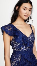 Alice + Olivia Florrie Ruffle Lace Midi Dress Blue Guipure Size 8 NWT