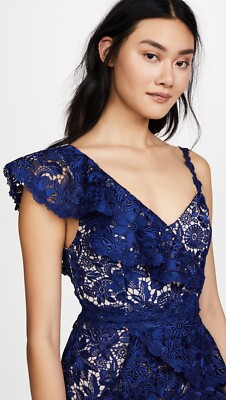 Alice + Olivia Florrie Ruffle Lace Midi Dress Blue Guipure Size 10 NWT |  eBay