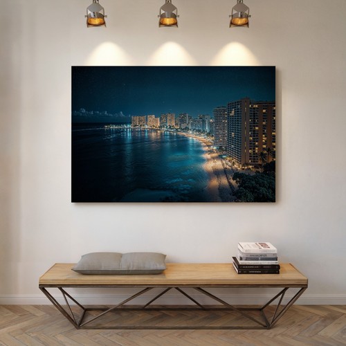 Waikiki Beach Night Skyline Canvas Print Wall Art – Honolulu Ocean City Lights - Picture 9 of 10
