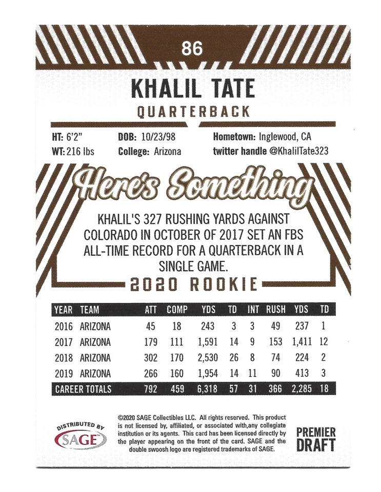 2020 Sage Hit PURPLE RC #86 Khalil Tate Arizona Wildcats Football Card - Image 2 of 2