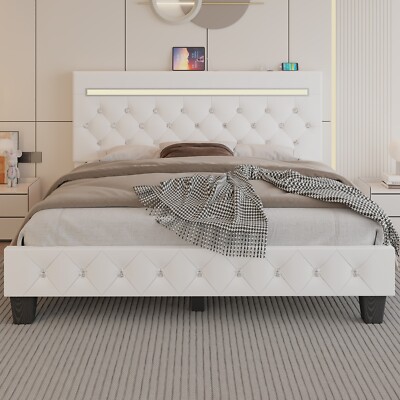 Faux Leather Upholstered Full Queen Bed Frame with Adjustable Headboard