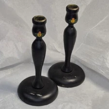 Primative Antique Mahogany 9" Candle holder Brass Collars Aged Surface Hand Made