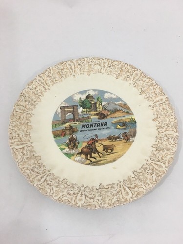 Vintage Montana Souvenir Plate Yellowstone Glacier Mountains Buffalo Cowboys - Picture 2 of 11