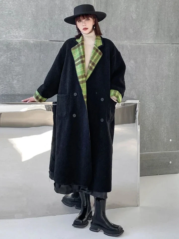 Green Black Urban Chic Street  Edgy Country Tartan  Loose  Jacket Midi Coat  14 - Image 3 of 4