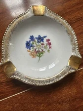 Cottier Freres Switzerland Ash Tray Purple Flowers Gold Plated Rim