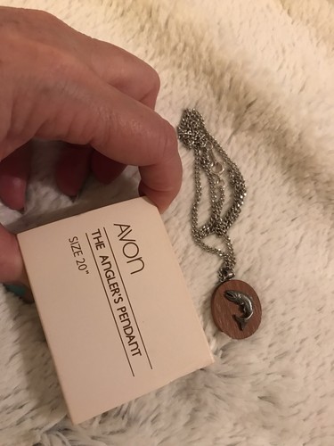 Vintage NOS Avon The Angler’s Pendant Neck.- Signed, Orig Box, 20” Silvertone Chain