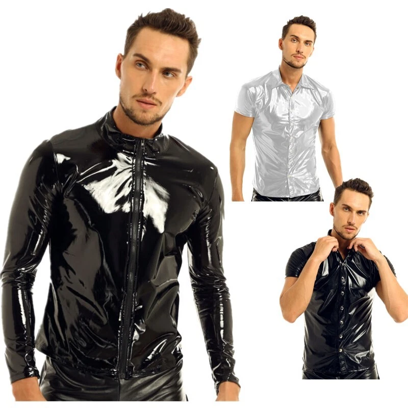 Men s Shiny PVC Leather Jacket Wet Look Slim Fit Top Nightclub