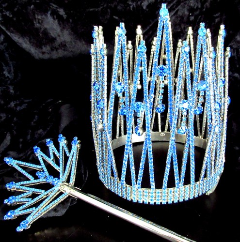DINA USA Amazing HUGE Cobalt Blue Rhinestone Vintage Crown & Wand Set