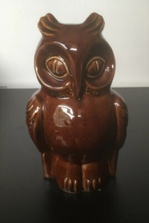 Large Brown Glazed Pottery Owl Money Box. Height 8.5ins (21.5cm)