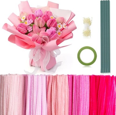 DIY Pipe Cleaners Flower Making Set with Mixed Colors and Floral Wires