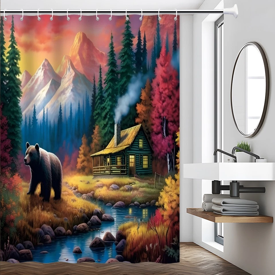Rustic Bear Shower Curtain Cabin Wildlife Forest Mountain Lodge Bathroom Decor - Image 4 of 4