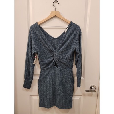 Lush Green Ribbed Bodycon Sweater Dress with Front Cutout