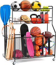 Heavy Duty Garage Sports Equipment Organizer with Wheels  Baskets