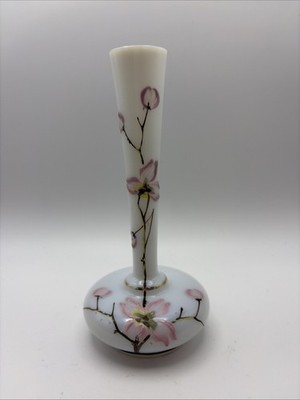 Antique Milk Glass Handpainted Floral Bud Vase Victorian Style 6.5  Tall