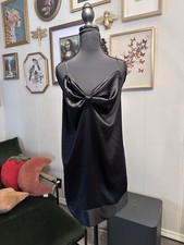 Victoria's Secret Black Silk Satin Chemise Mini Bow Front Slip Dress Lingerie L