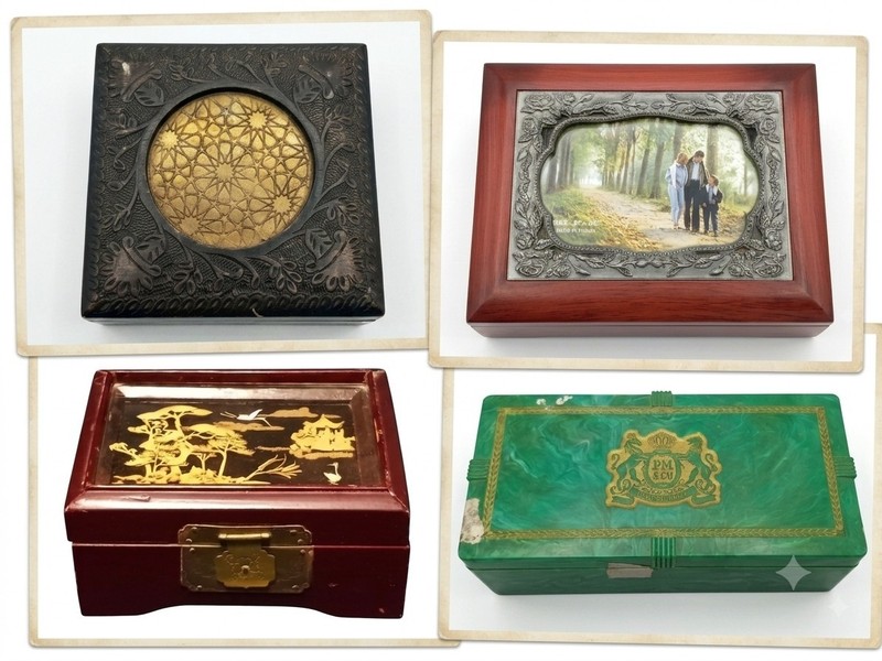 Vintage Jewelry Box Lot (4) Wood And Plastic Boxes In Good Shape