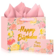 12 PCS Large Rose Floral Happy Birthday Gift Bag Set Handle Card Tissue