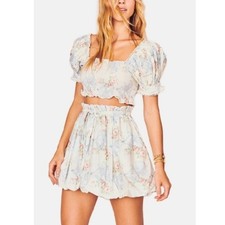 LoveShackFancy Cheyenne Bubble Skirt Floral Bows Pastel Blue M