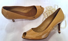 Tory Burch Slip On Peep Toe Patent Leather Pump Nude Women Sz 8.5 M Gold Logo — photo 1