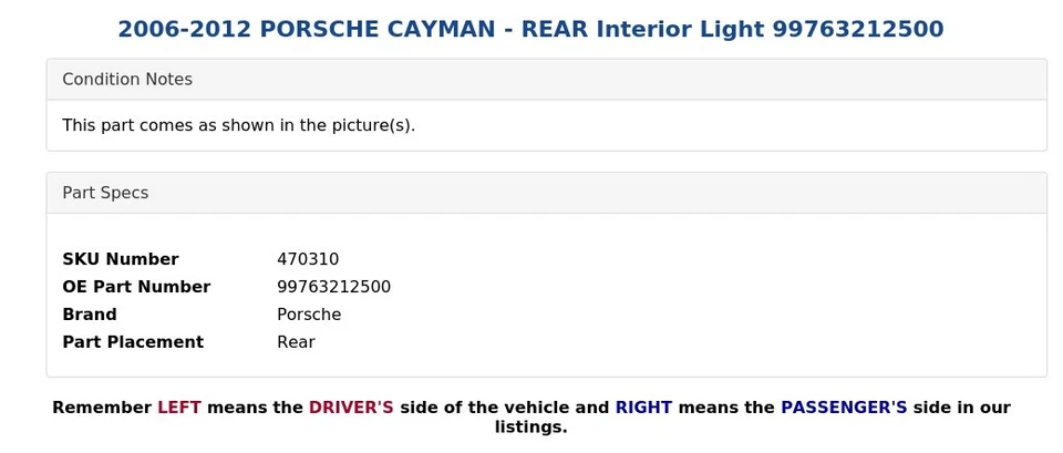 Luz interior trasera Porsche Cayman 2006-2012 99763212500 Foto 4 de 4