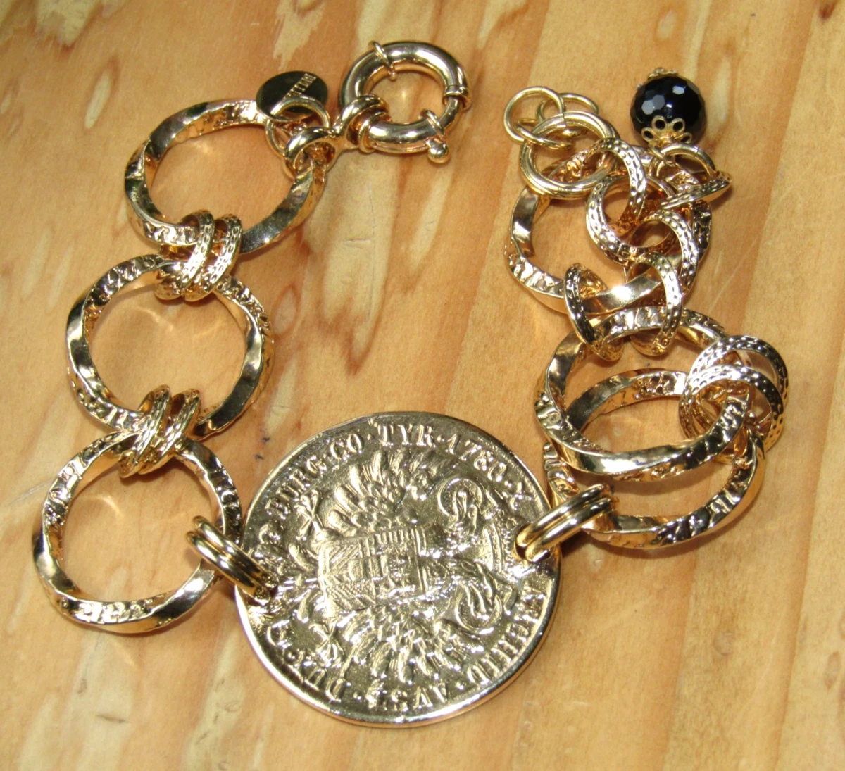 BELLEZZA LIRA COIN BRONZE CHAIN LINK BRACELET WITH FACETED BEAD CHARM 9" image 2