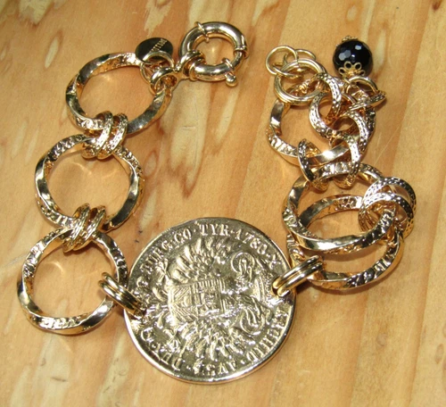 BELLEZZA LIRA COIN BRONZE CHAIN LINK BRACELET WITH FACETED BEAD CHARM 9" image 2