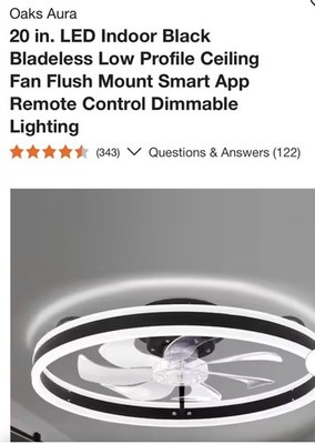Oaks Aura 20in. LED Indoor Black Bladeless Low Profile Ceiling Fan Flush Mount
