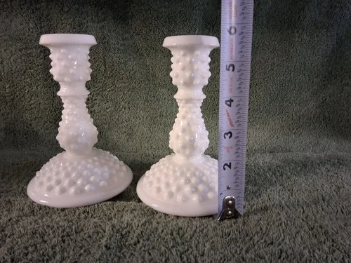 Fenton White Milk Glass Hobnail 6" Candlesticks Pair Vtg Candleholders Set Of 2