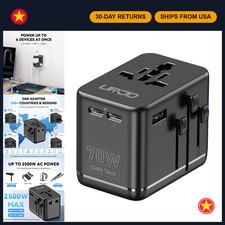 70W Universal Travel Adapter, 4 USB C/A Ports, 2 AC Outlets, Worldwide Use