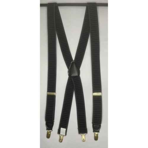 VINTAGE Suspenders Black & Gray Stretch Striped Braces Gold Clips