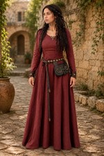 Women's Medieval Renaissance Dress Wine Red Long Sleeve Lace Up Festival Gown