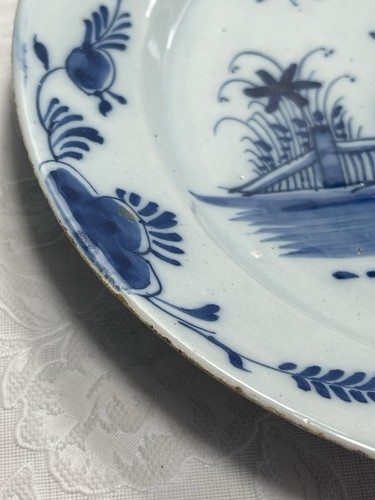 Assiette Ancienne en Faïence de Delft Signée XVIIIe siècle Décor Oriental Bleu - Afbeelding 8 van 17