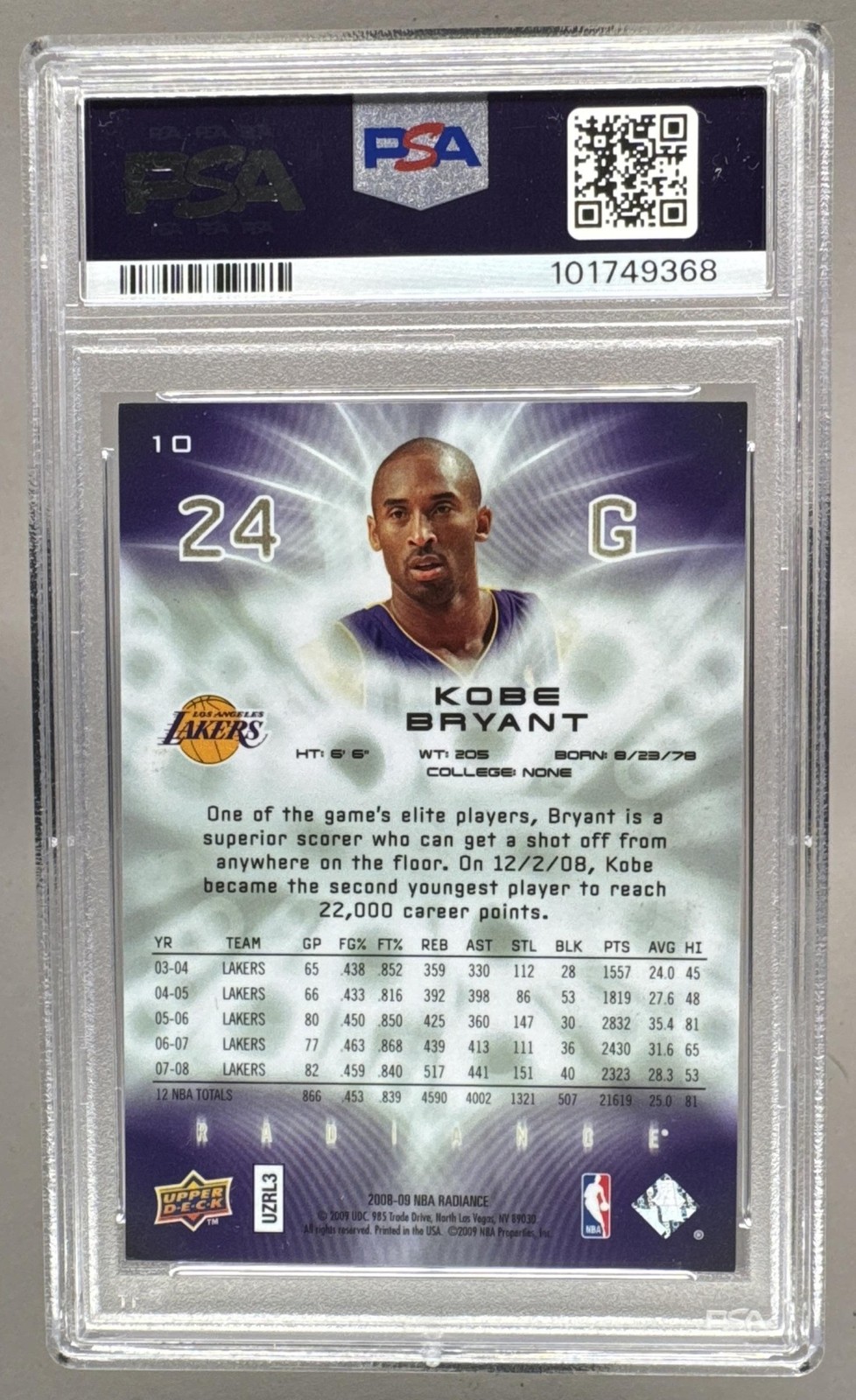 101749368 Kobe Bryant 2008 Upper Deck Radiance #10 /299 PSA 8 view 2