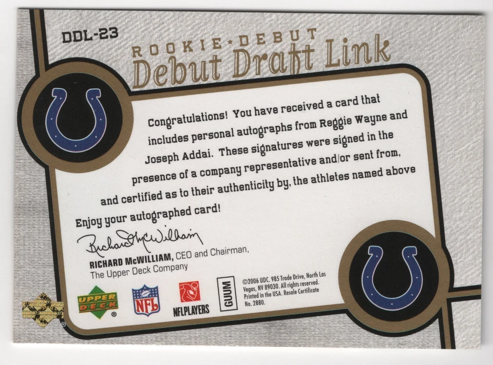 Reggie Wayne & Joseph Addai 2006 UD Rookie Debut Dual Autograph Card Auto - Image 2 of 2