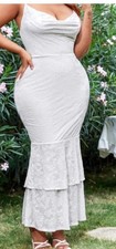 SHEIN White Floral Jacquard Cowl Neck Bodycon Midi Dress Spaghetti Strap M