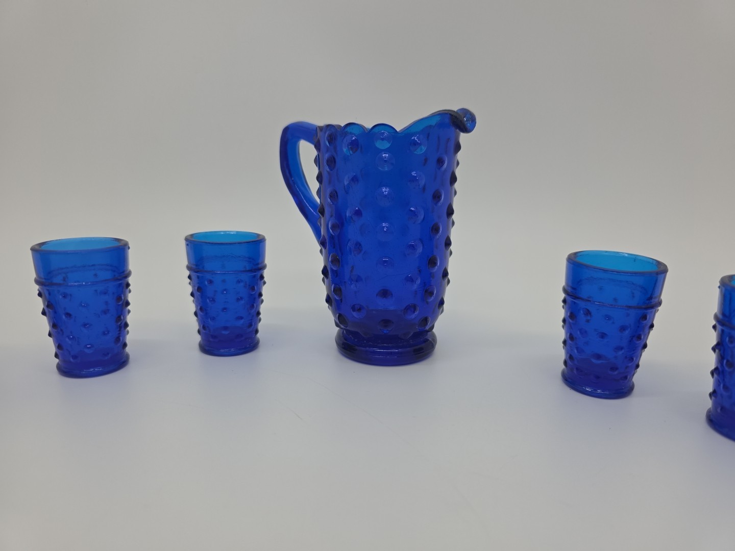 Wetzel Carnival Glass Water Set Miniature Hobnail Cobalt Blue Pitcher Tumblers