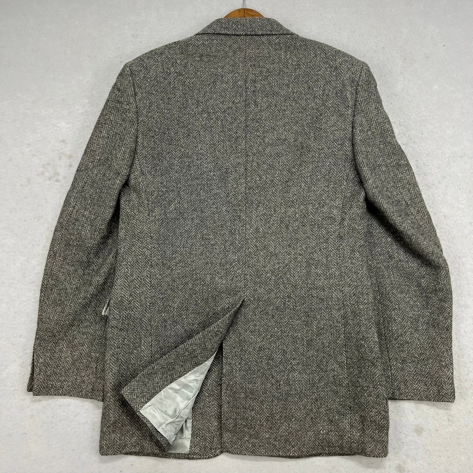 Винтажный Haggar 38R Herringbone твид шерсти блейзер куртка серый кожаный 2 кнопки - Изображение 4 из 4