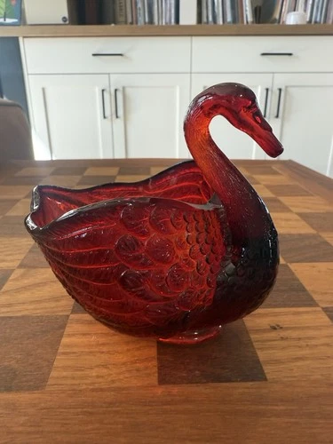 Vintage Fenton Glass Ruby Red Swan Figurine Jewelry Trinket Dish Decorative Art